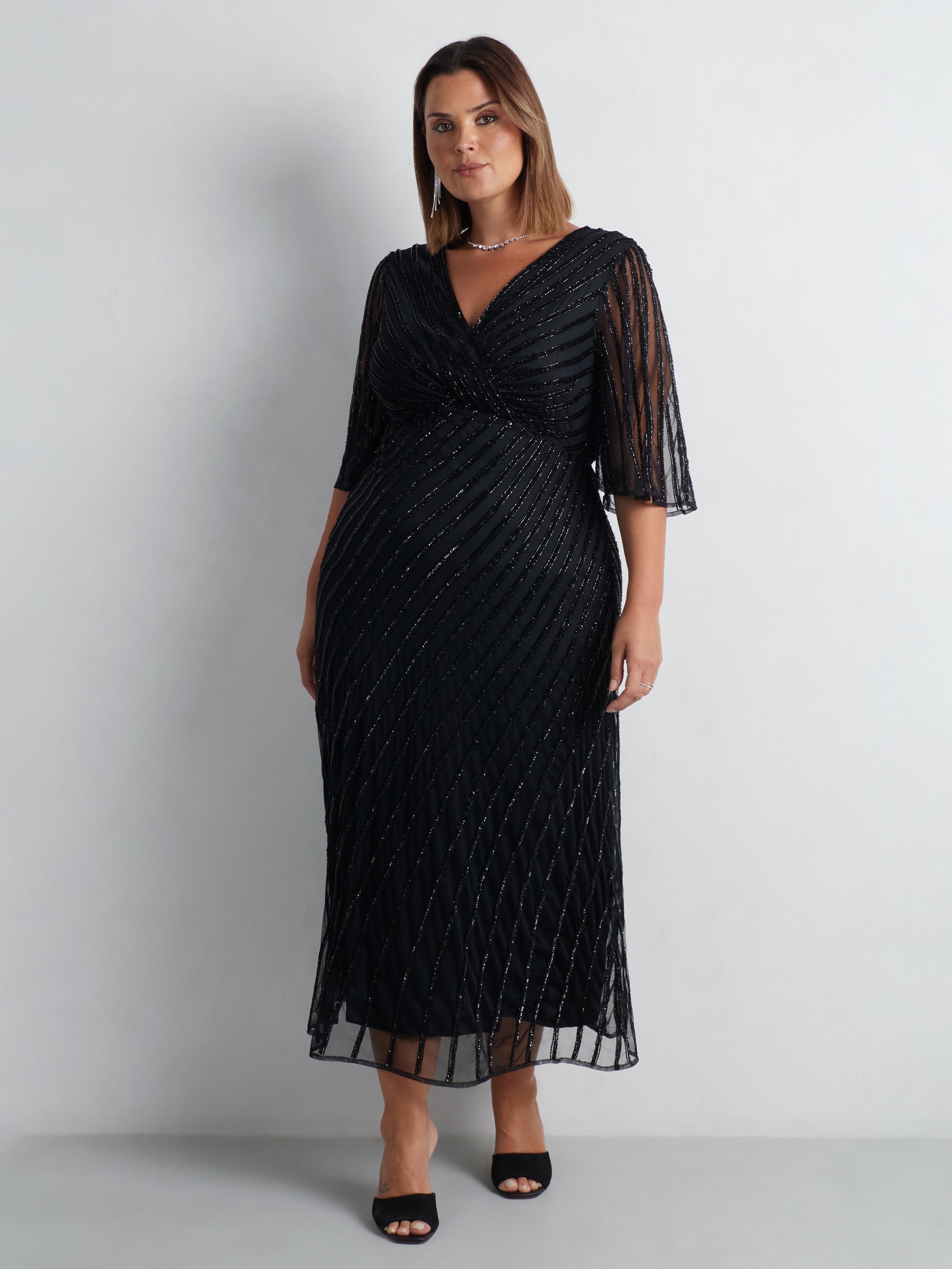 Black Embellished Flutter Sleeve Maxi Dress