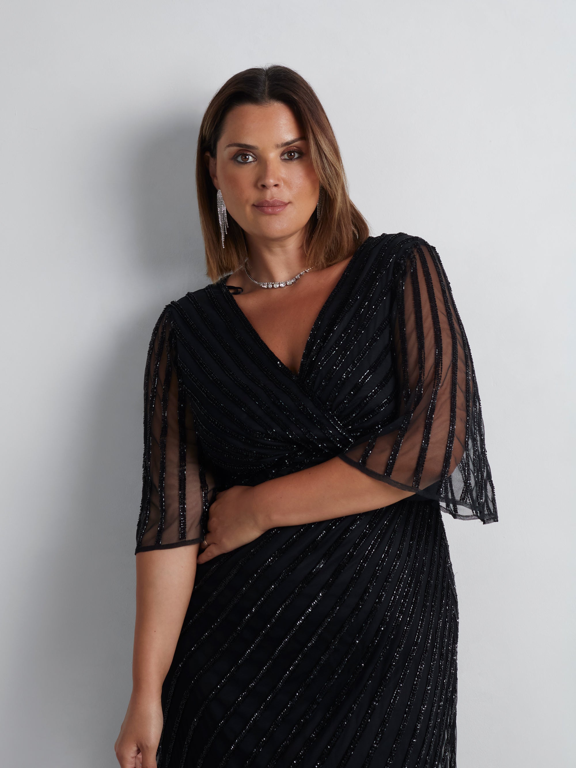 Black Embellished Flutter Sleeve Maxi Dress