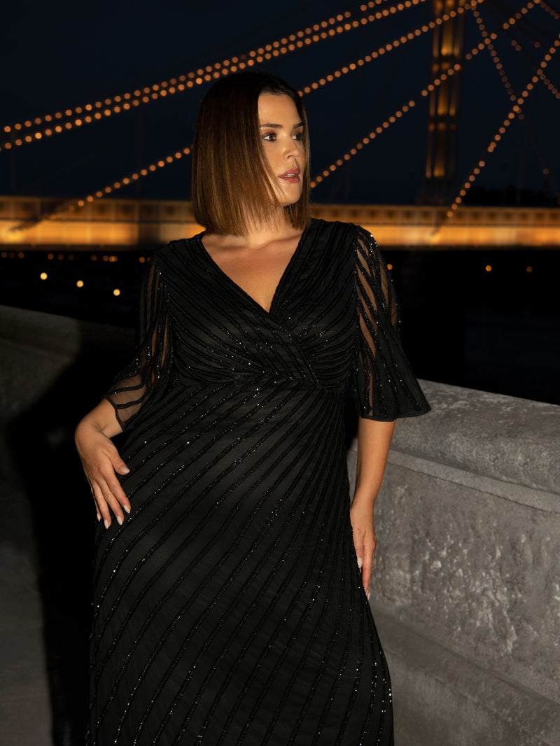 Black Embellished Flutter Sleeve Maxi Dress