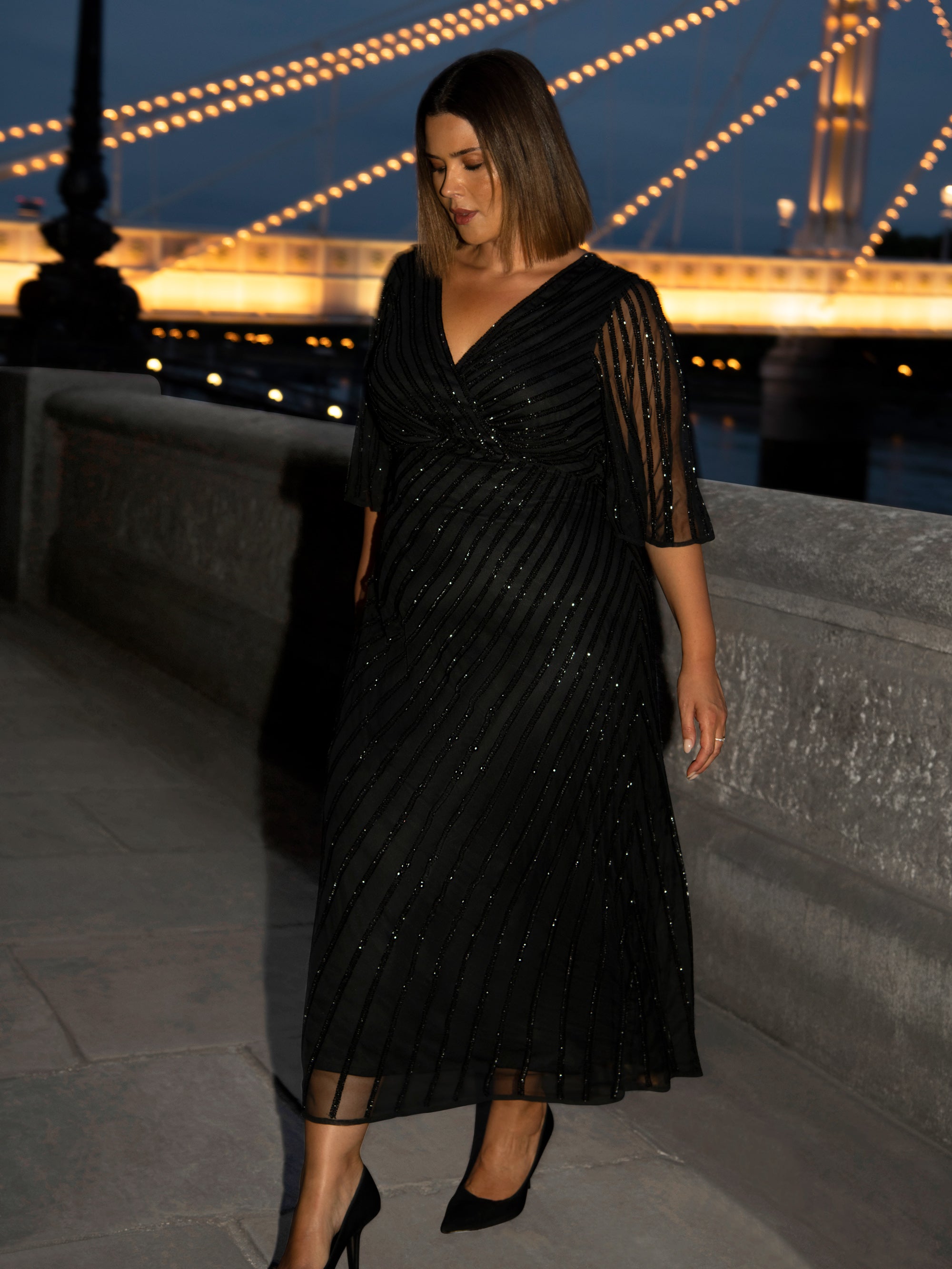 Black Embellished Flutter Sleeve Maxi Dress