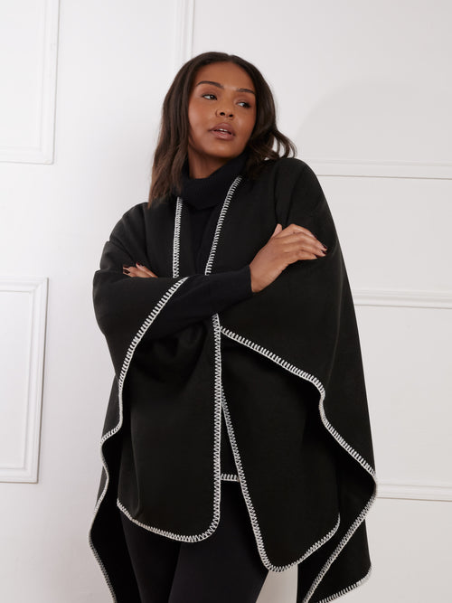 Black Blanket Stitch Wrap Cape