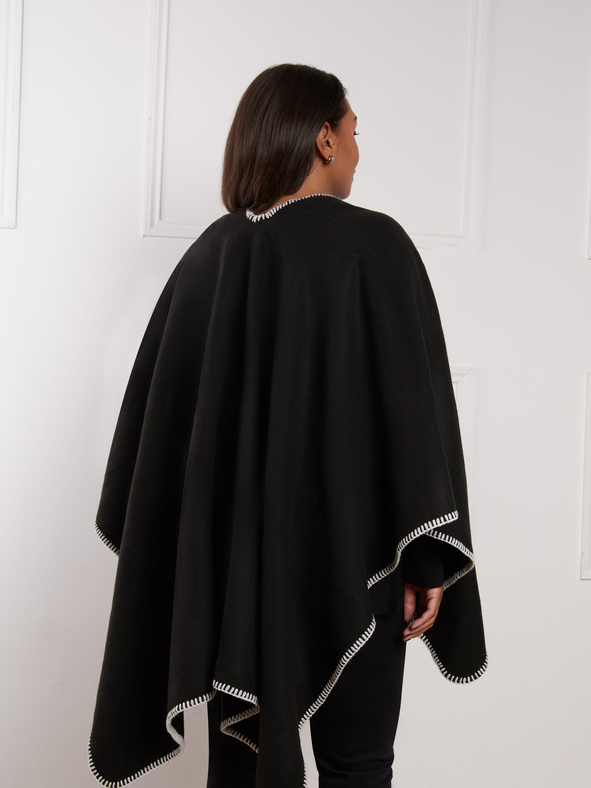 Black Blanket Stitch Wrap Cape