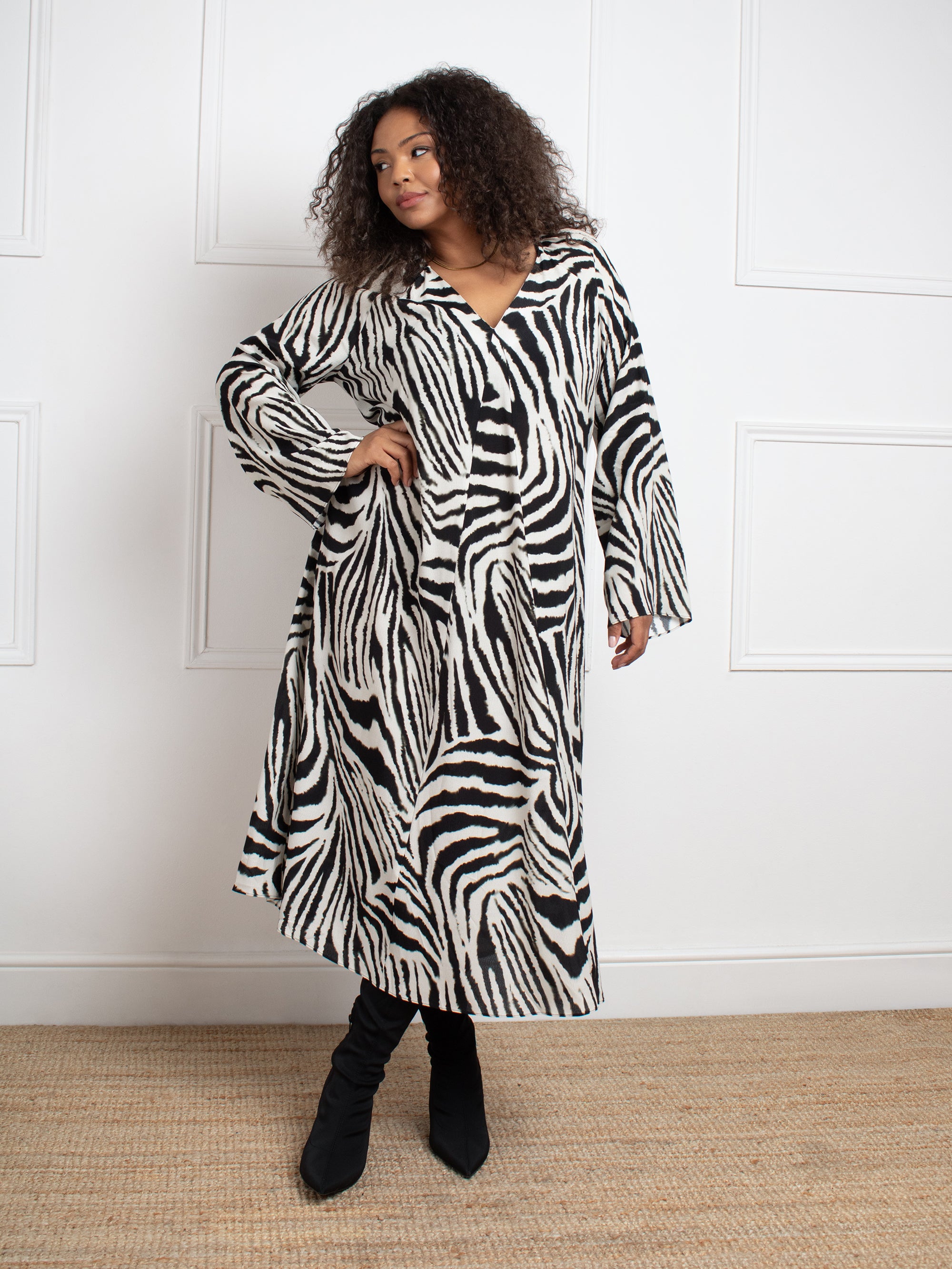 Mono Zebra Print Long Sleeve Midi Dress