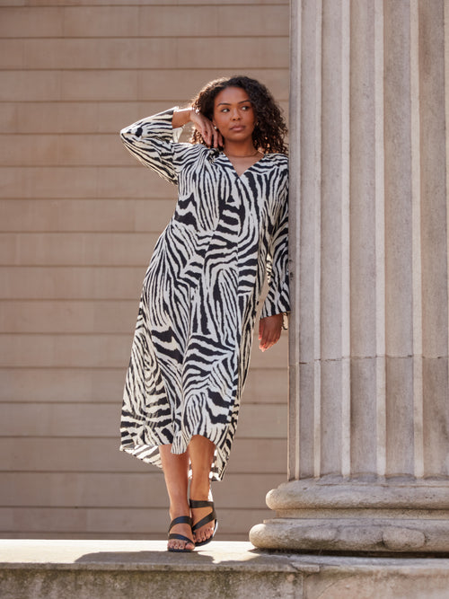 Mono Zebra Print Long Sleeve Midi Dress - Main Image
