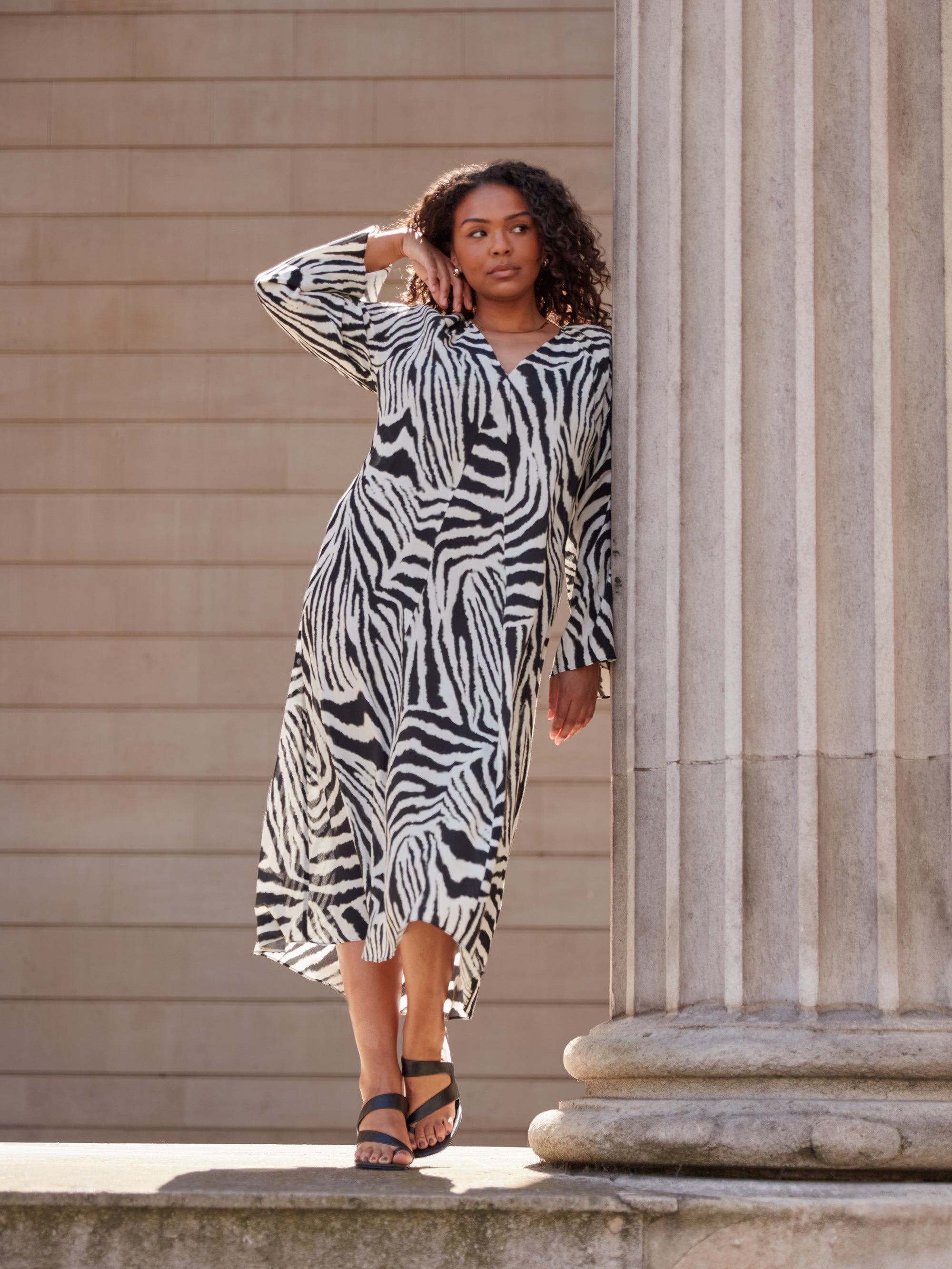 Mono Zebra Print Long Sleeve Midi Dress