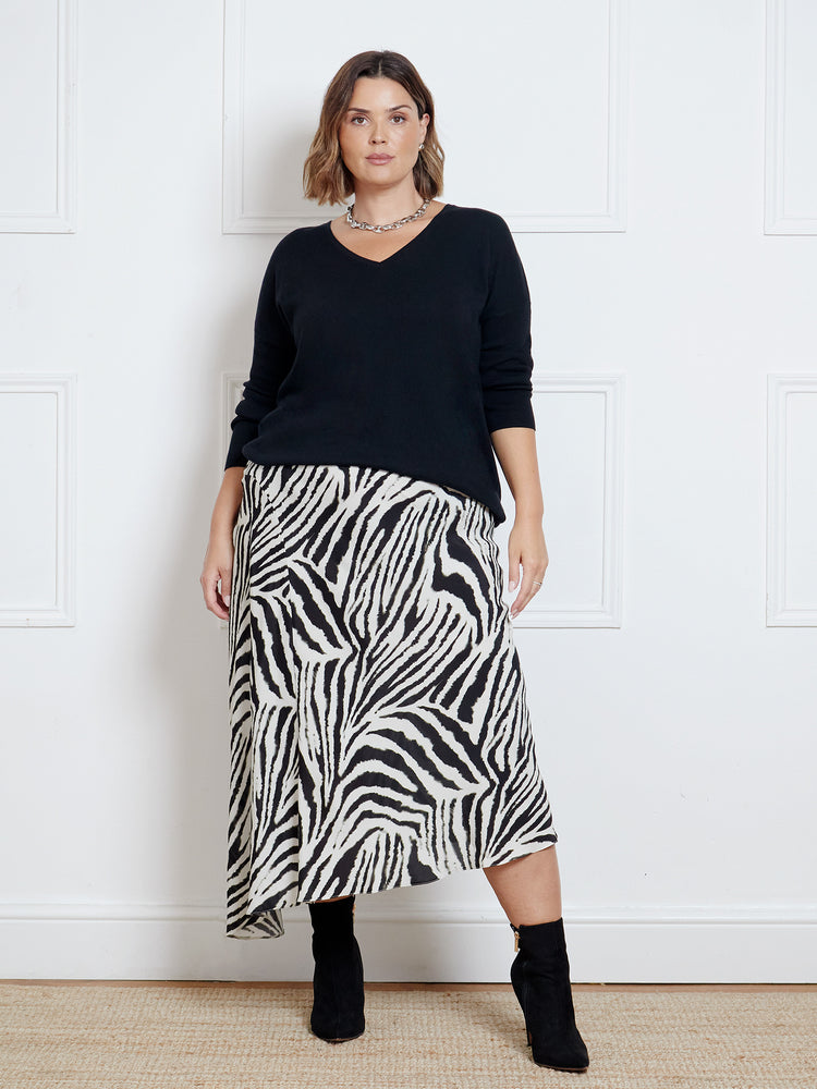 Mono Zebra Print Asymmetric Midi Skirt