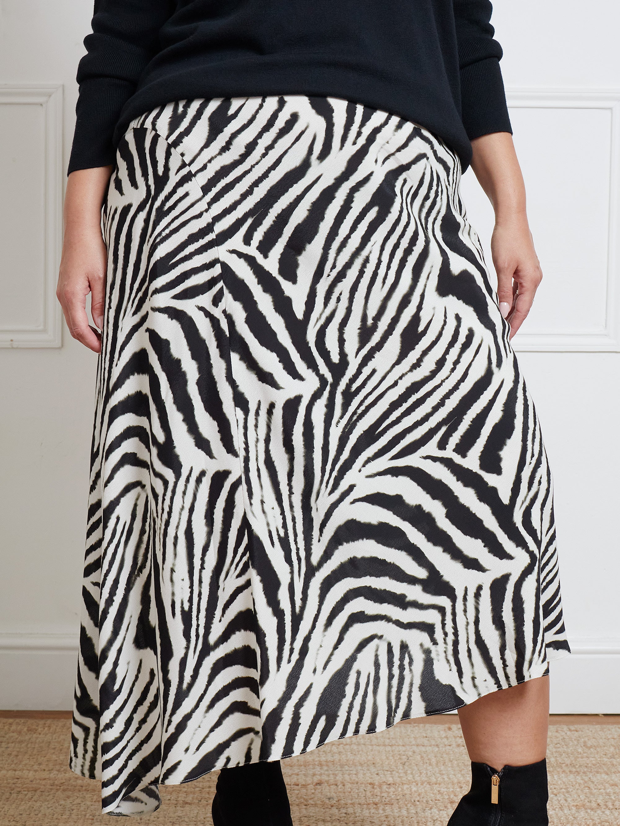 Mono Zebra Print Asymmetric Midi Skirt