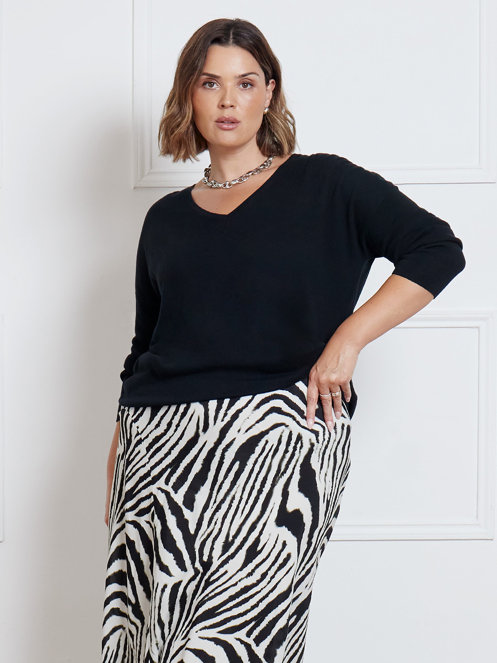 Mono Zebra Print Asymmetric Midi Skirt