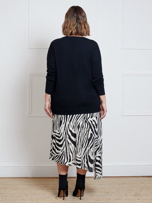 Mono Zebra Print Asymmetric Midi Skirt