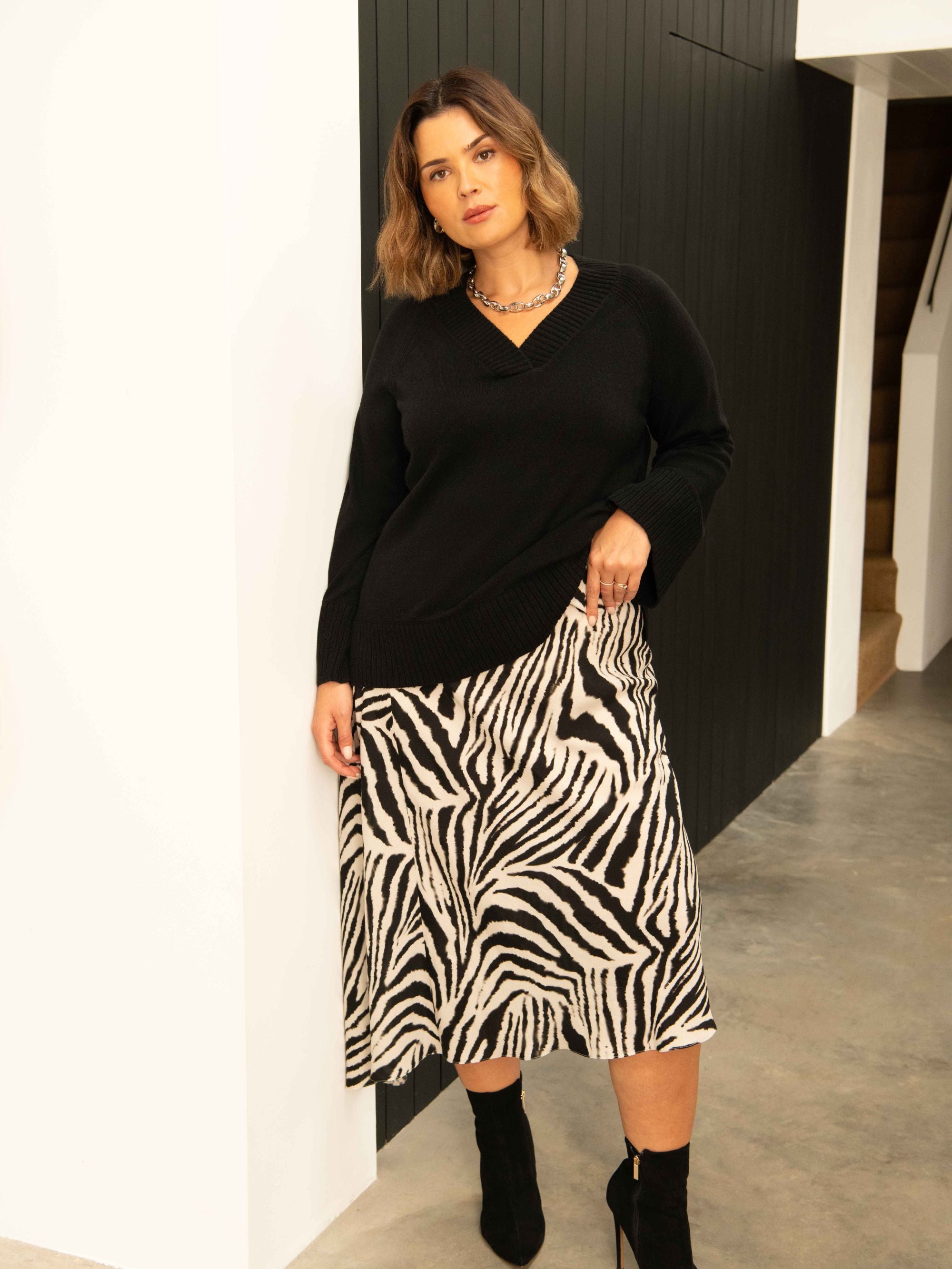 Mono Zebra Print Asymmetric Midi Skirt