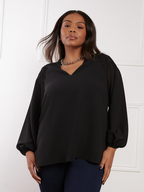 Black V-Neck Smocked Shoulder Blouse