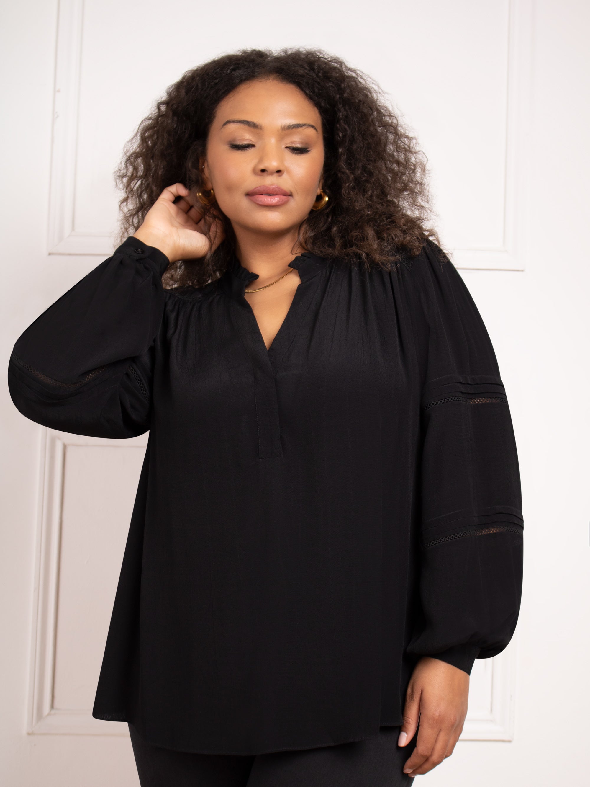 Black Boho Blouse With Ladder Trim Detail