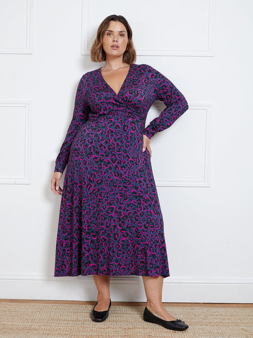 Bright Leopard Wrap Dress With Blouson Sleeves