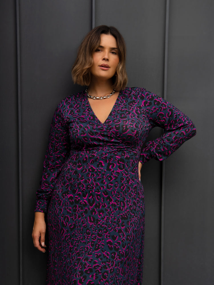 Bright Leopard Wrap Dress With Blouson Sleeves