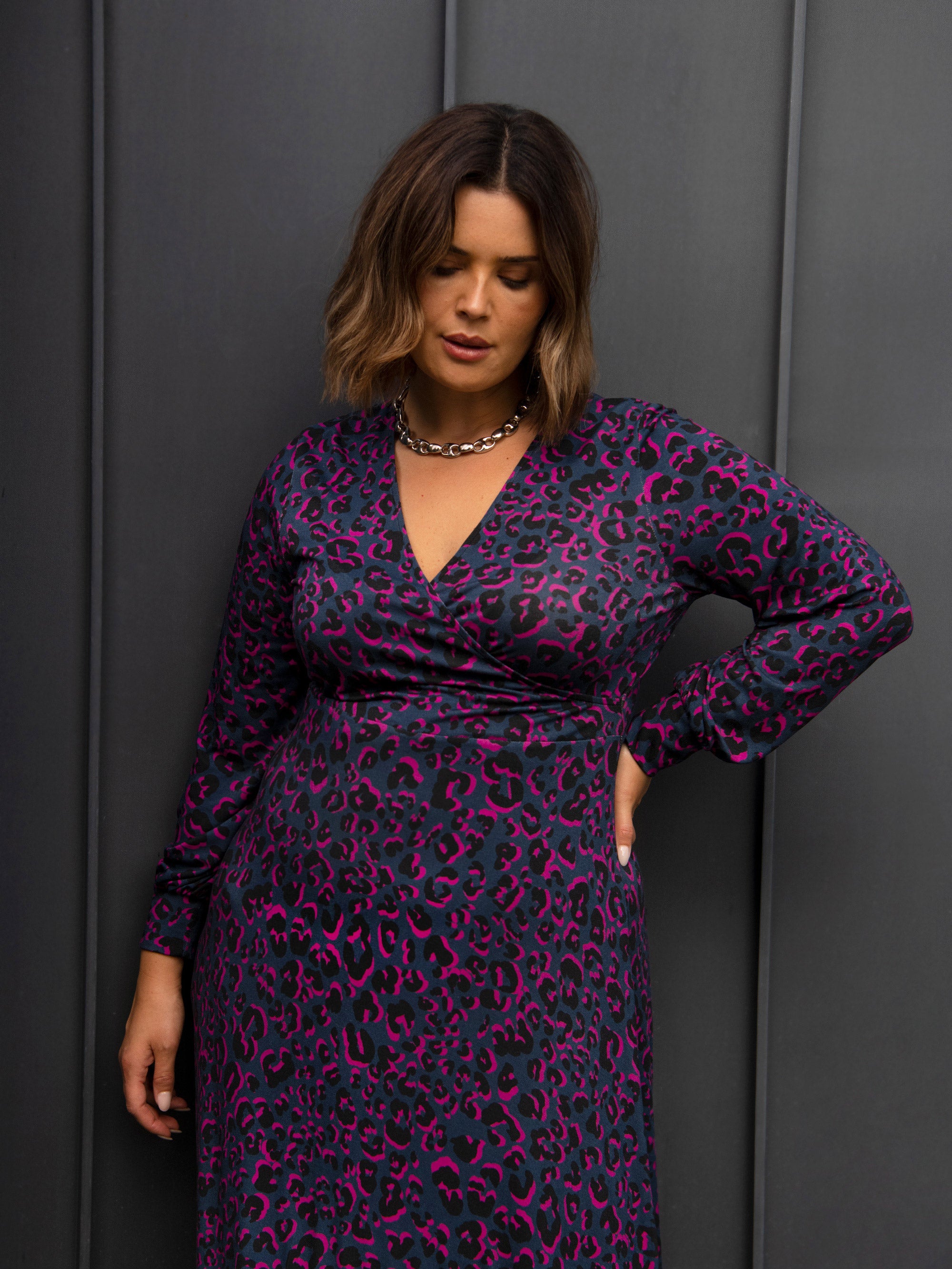 Bright Leopard Wrap Dress With Blouson Sleeves - Main Image