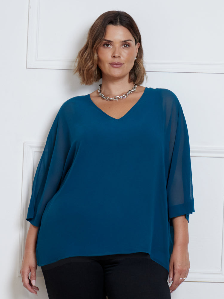 Teal Chiffon V-Neck Overlay Top