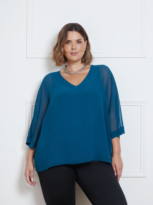 Teal Chiffon V-Neck Overlay Top