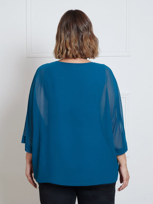 Teal Chiffon V-Neck Overlay Top