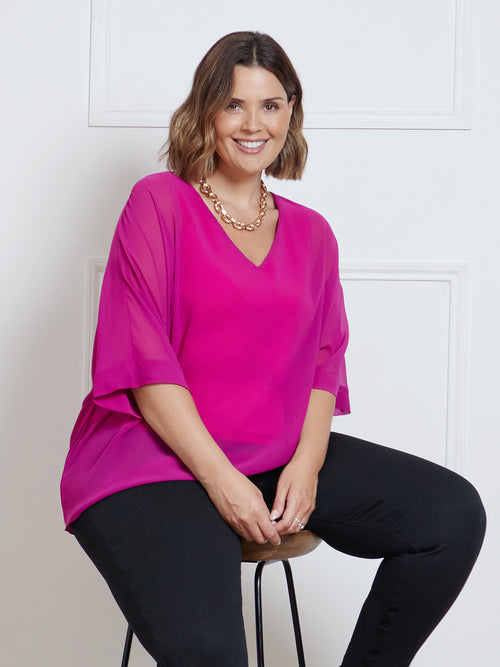 Pink Chiffon V-Neck Overlay Top