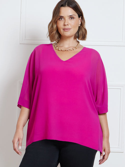 Pink Chiffon V-Neck Overlay Top