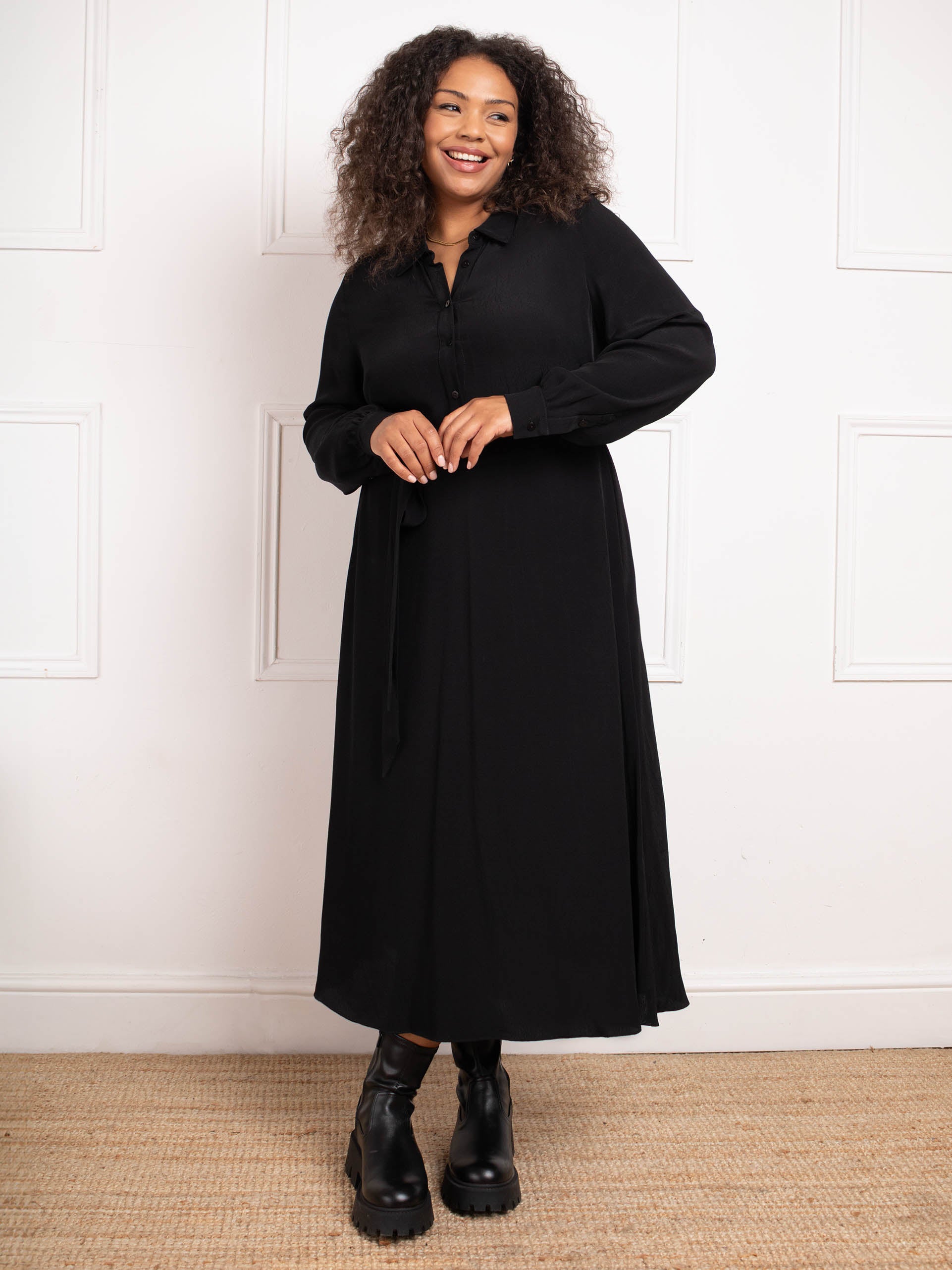 Black Button Through Belted Shirt Dress