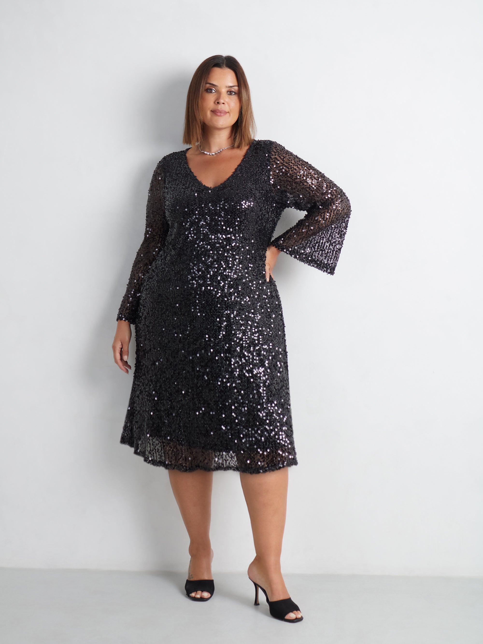 Black Mesh Sequin Long Sleeve Dress