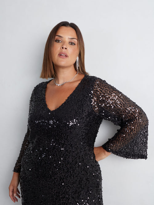 Black Mesh Sequin Long Sleeve Dress