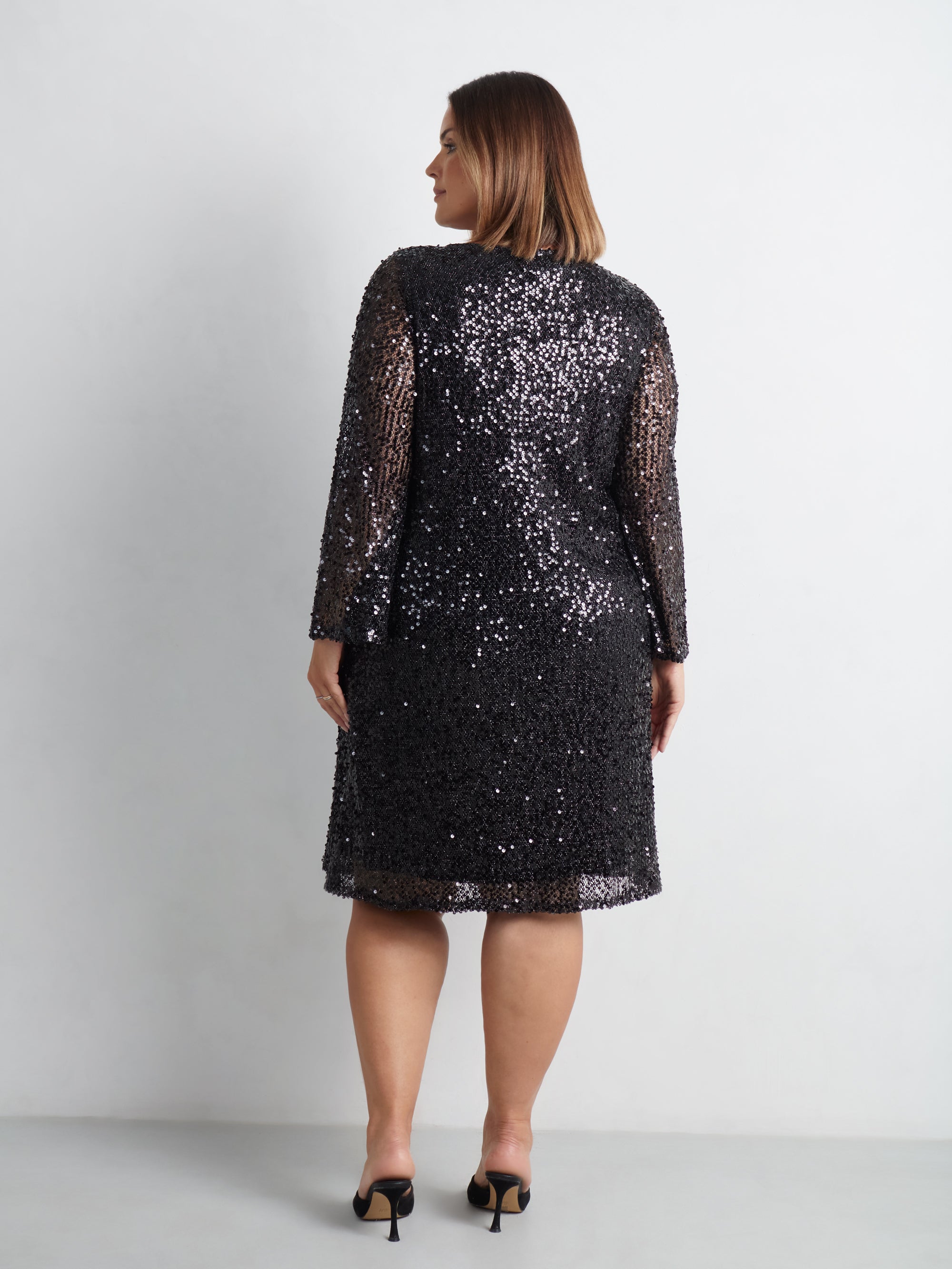 Black Mesh Sequin Long Sleeve Dress