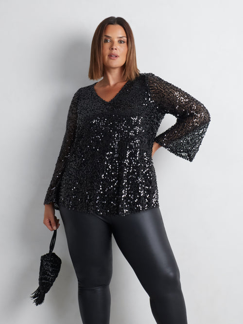 Black Mesh Sequin Long Sleeve Top