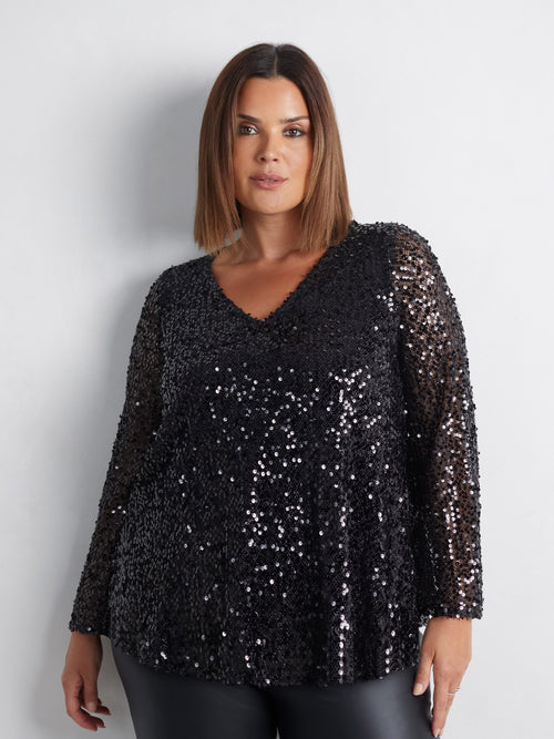 Black Mesh Sequin Long Sleeve Top