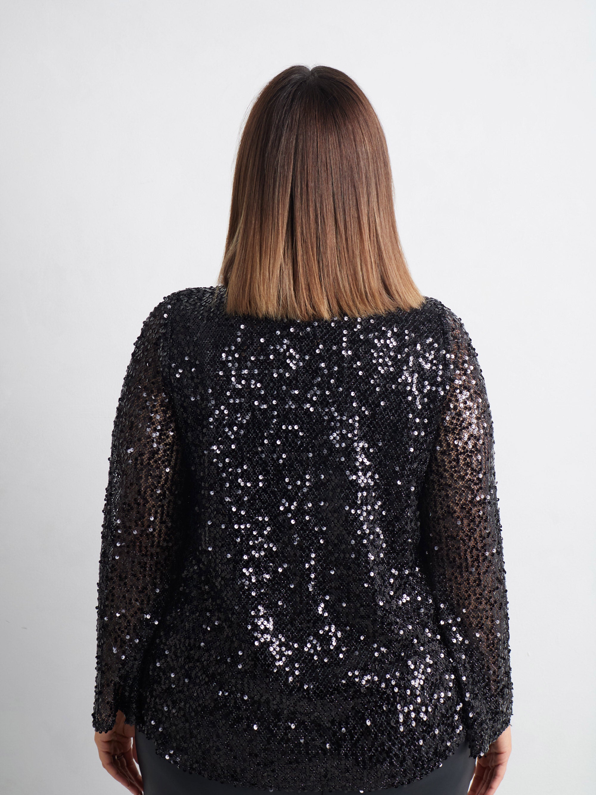 Black Mesh Sequin Long Sleeve Top