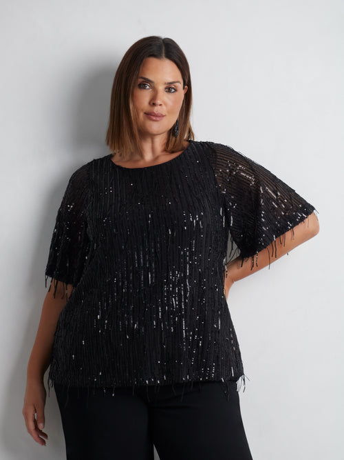 Black Fringed Sequin Top