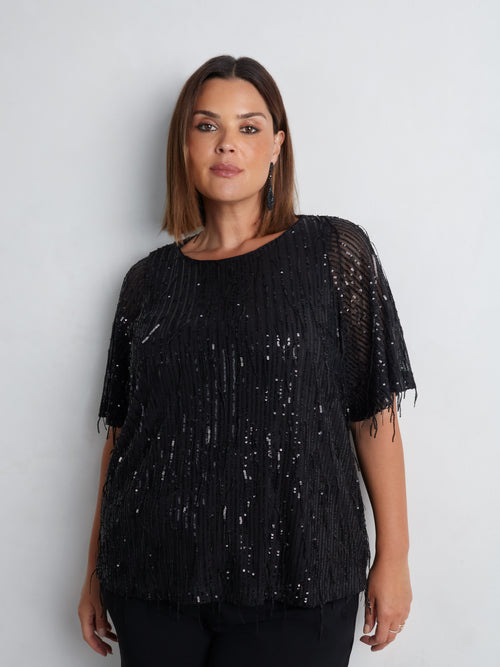 Black Fringed Sequin Top