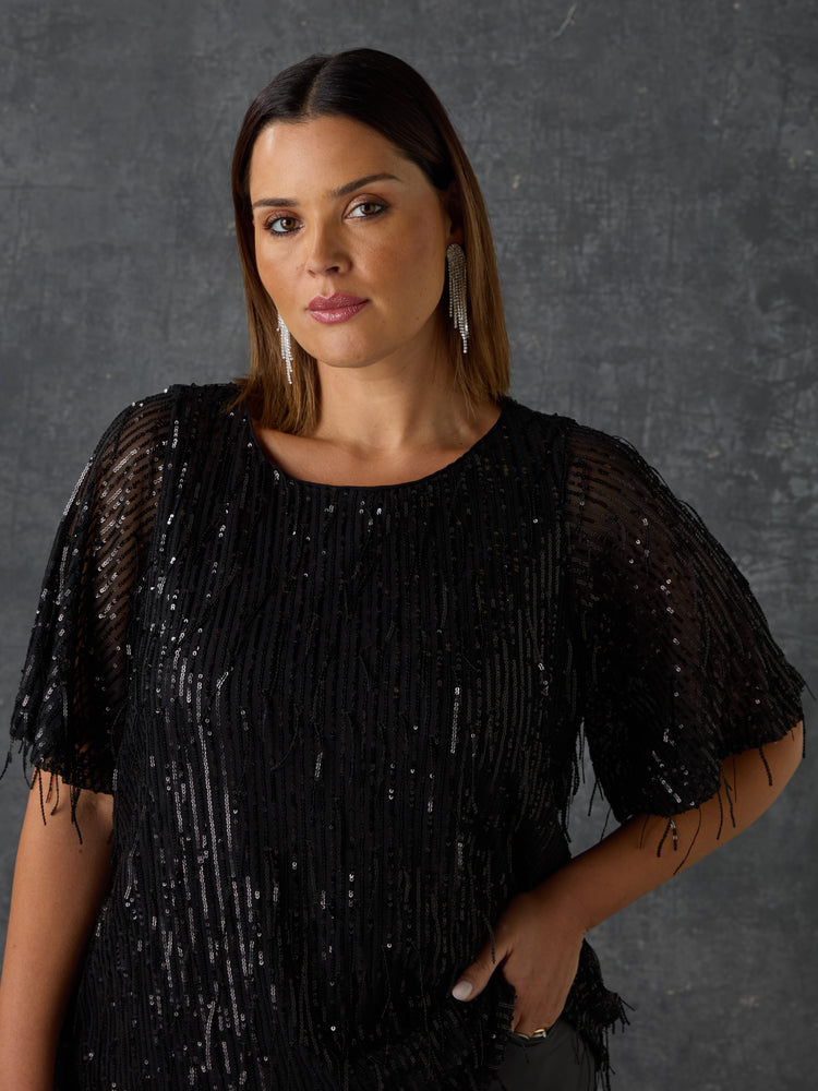 Black Fringed Sequin Top