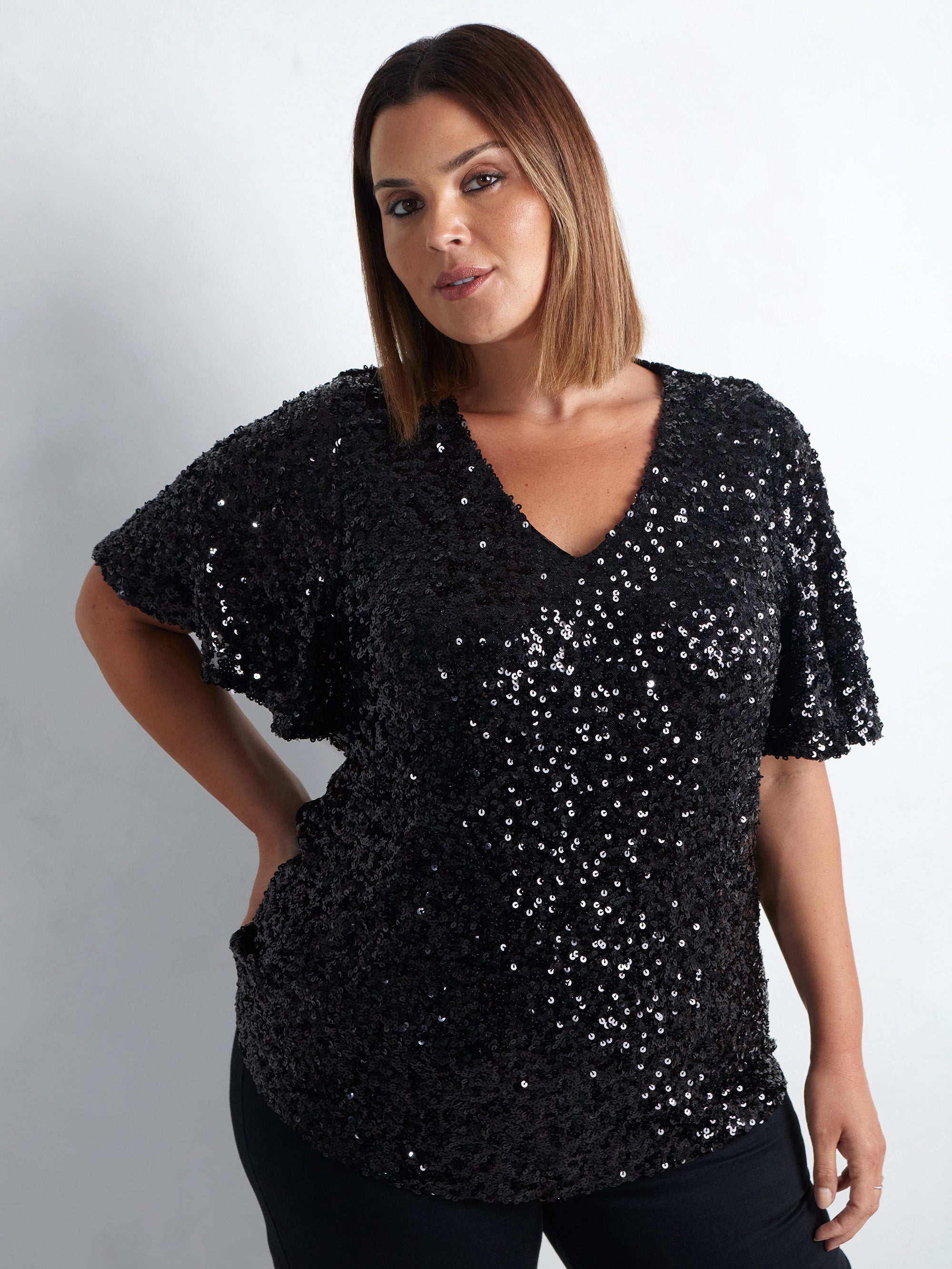 Black Sequin Flutter Sleeve Top