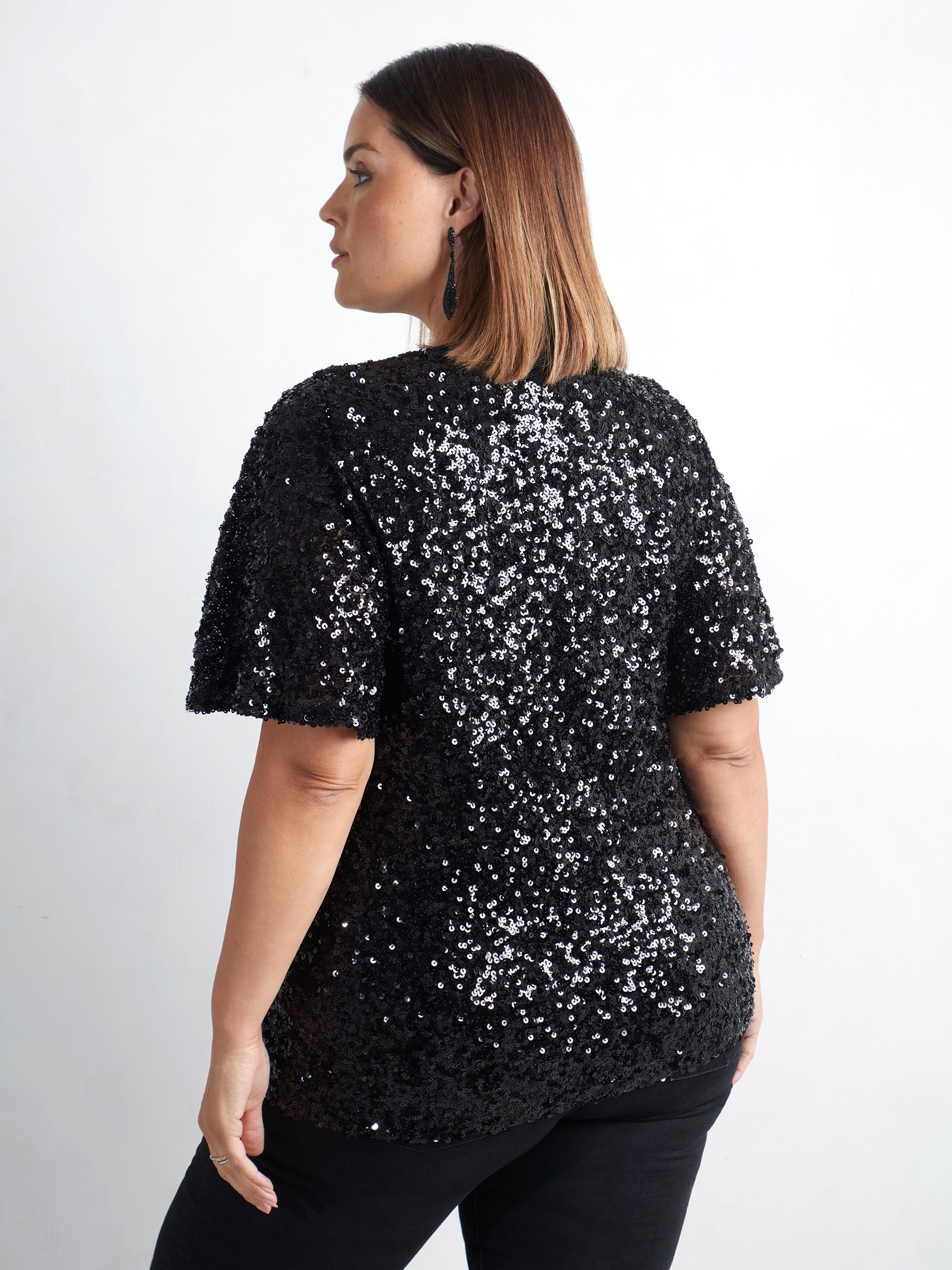 Black Sequin Flutter Sleeve Top