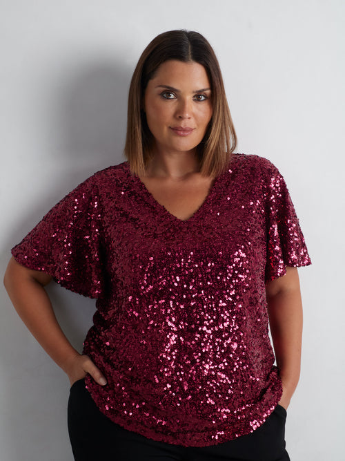 Red Sequin Flutter Sleeve Top