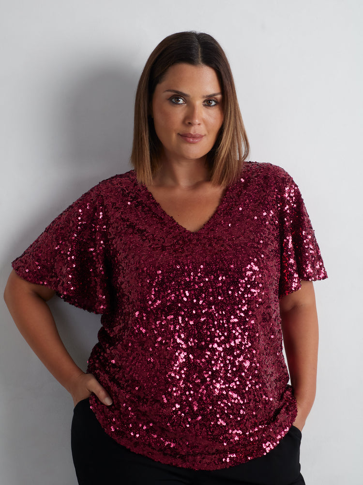 Red Sequin Flutter Sleeve Top