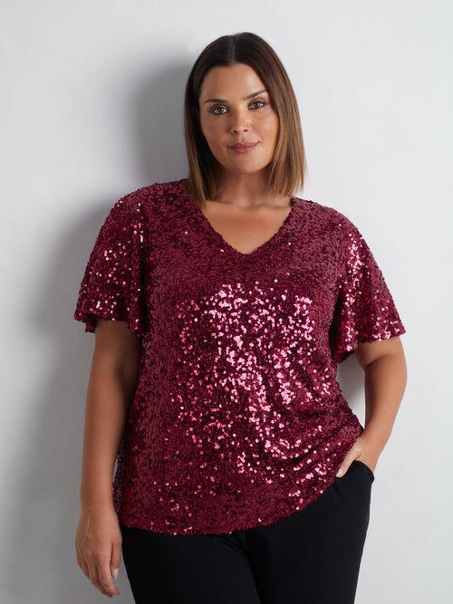 Red Sequin Flutter Sleeve Top