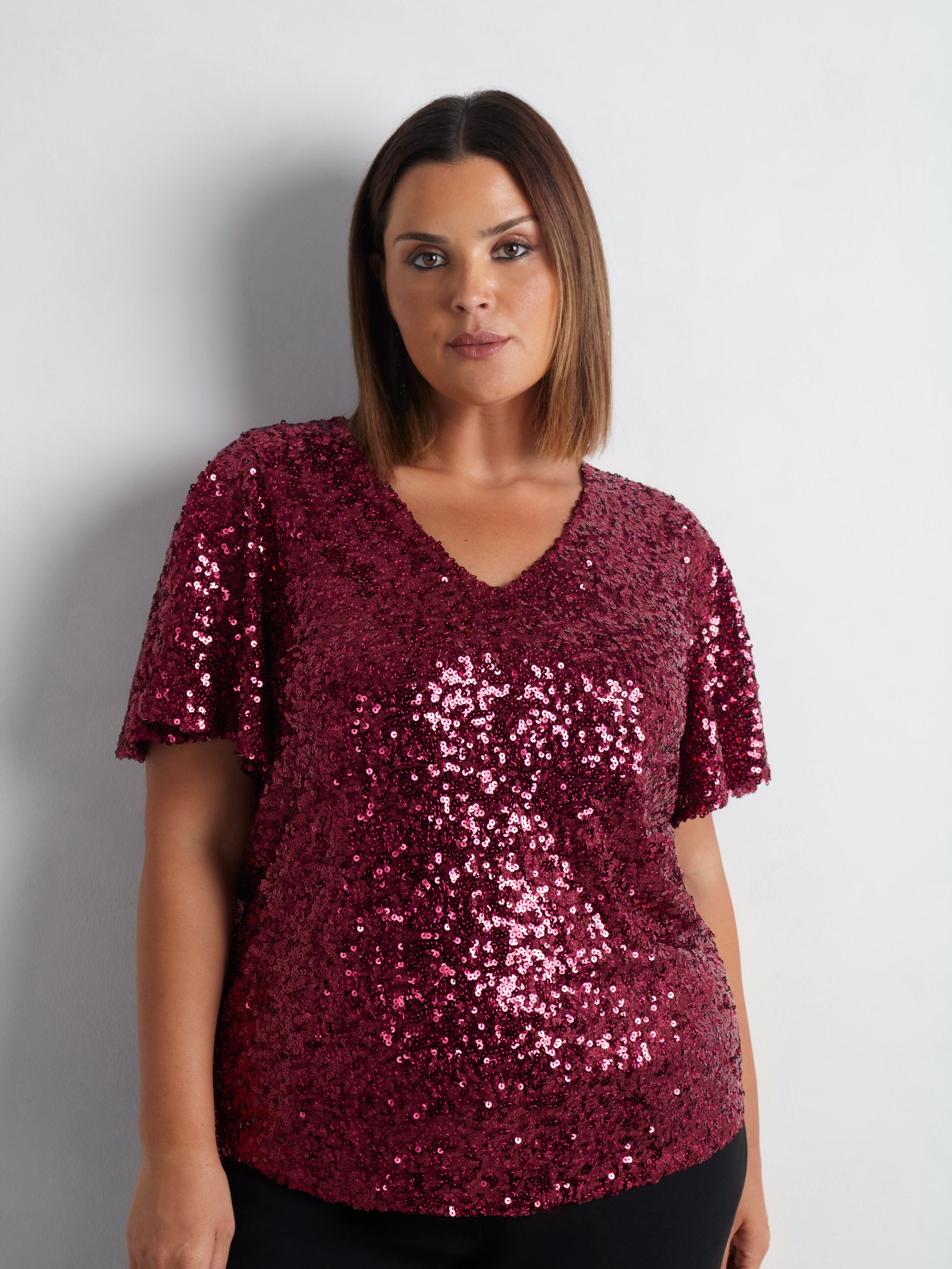 Red Sequin Flutter Sleeve Top