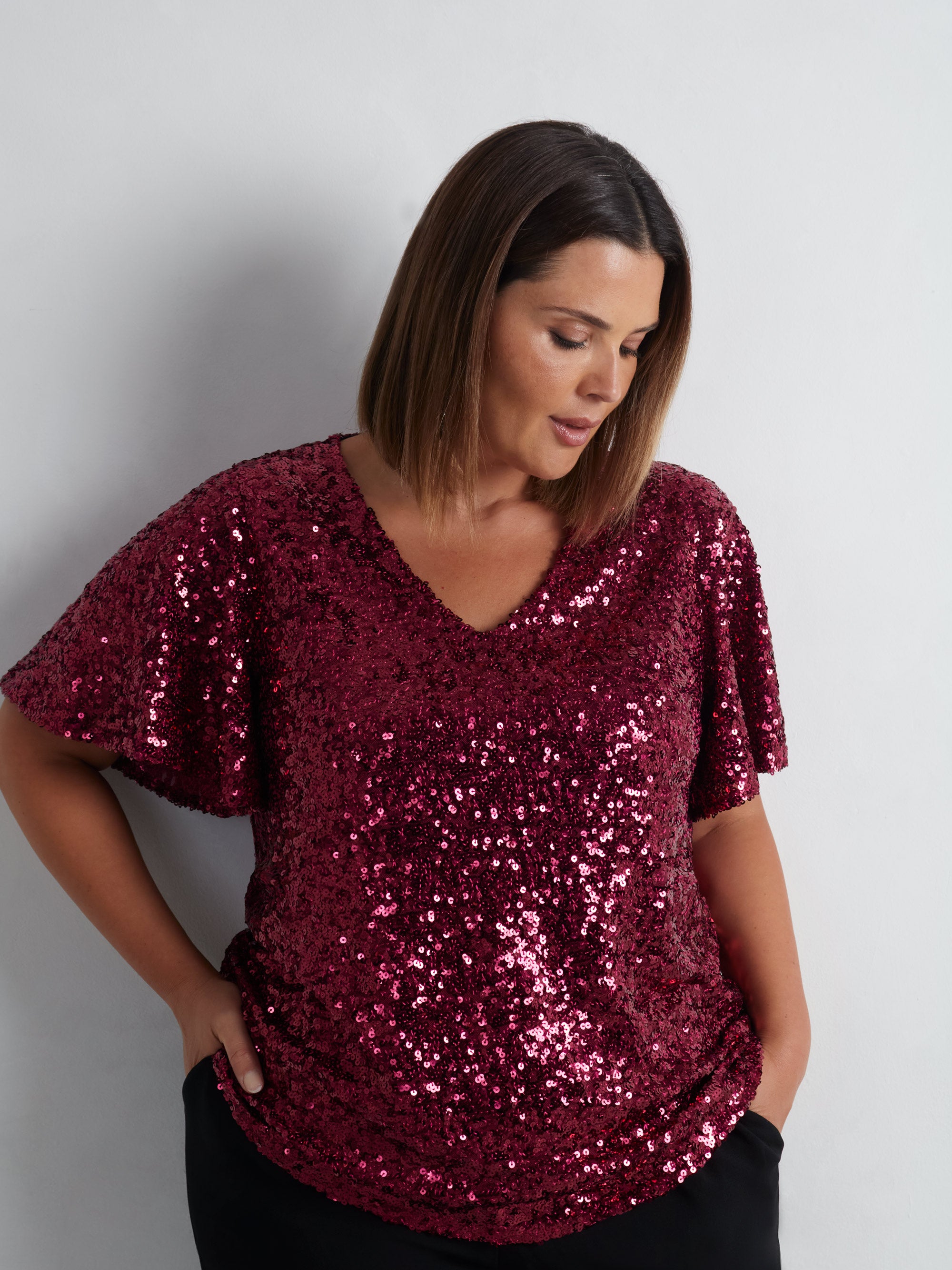 Red Sequin Flutter Sleeve Top