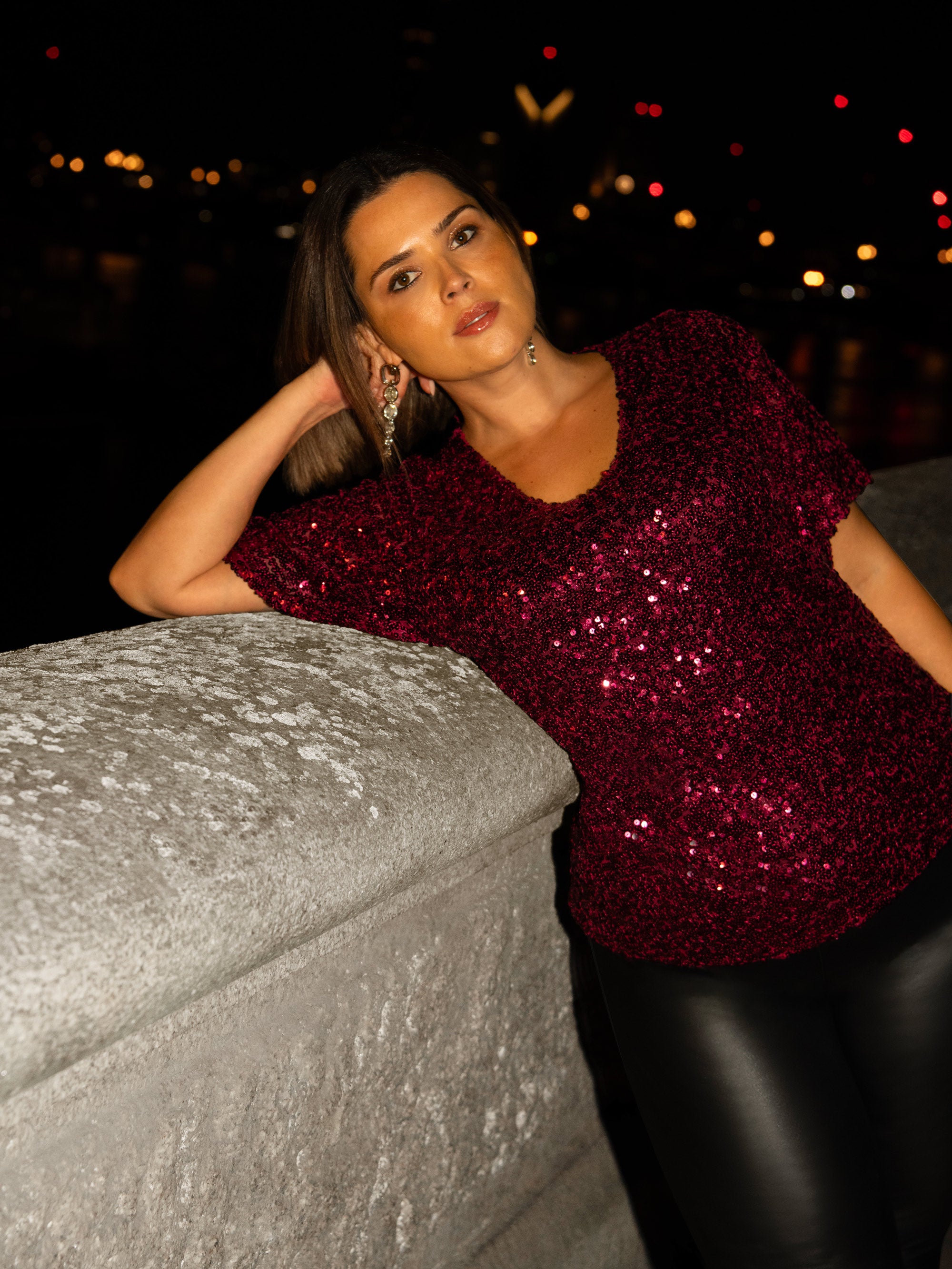 Red Sequin Flutter Sleeve Top