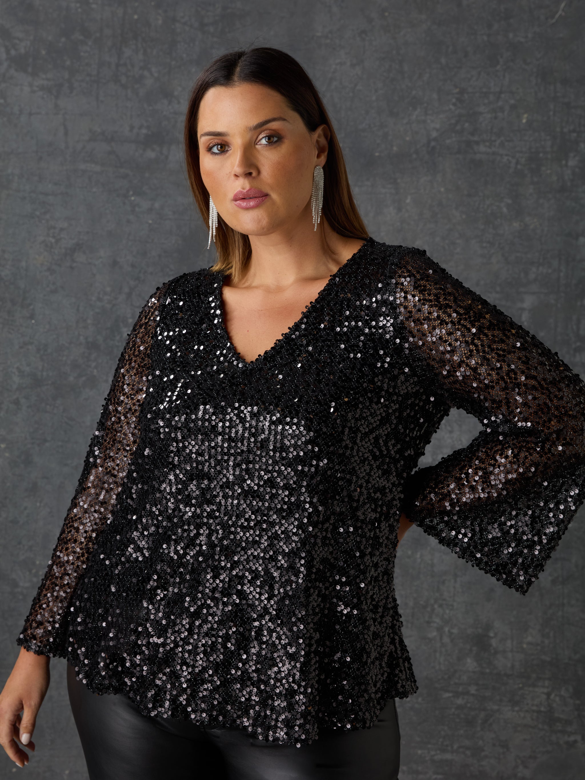 Black Mesh Sequin Long Sleeve Top