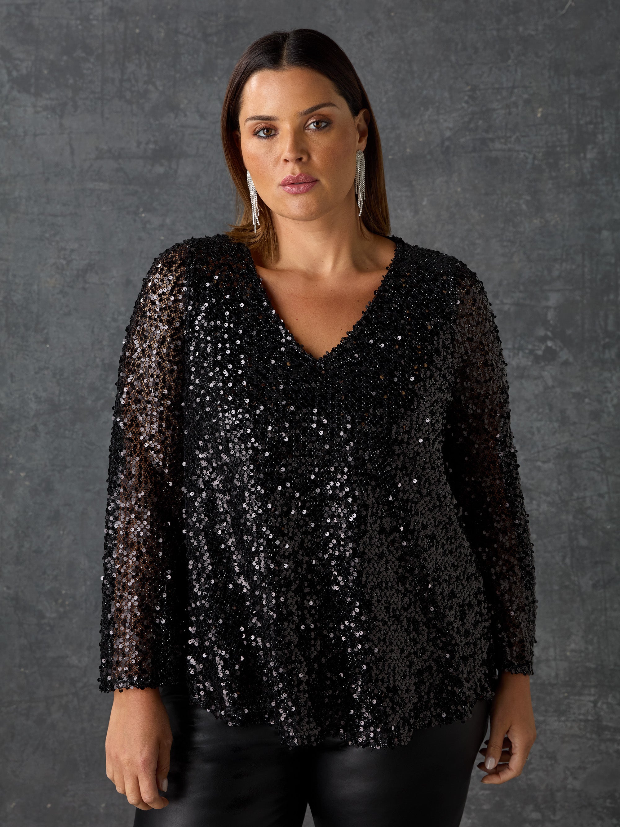 Black Mesh Sequin Long Sleeve Top