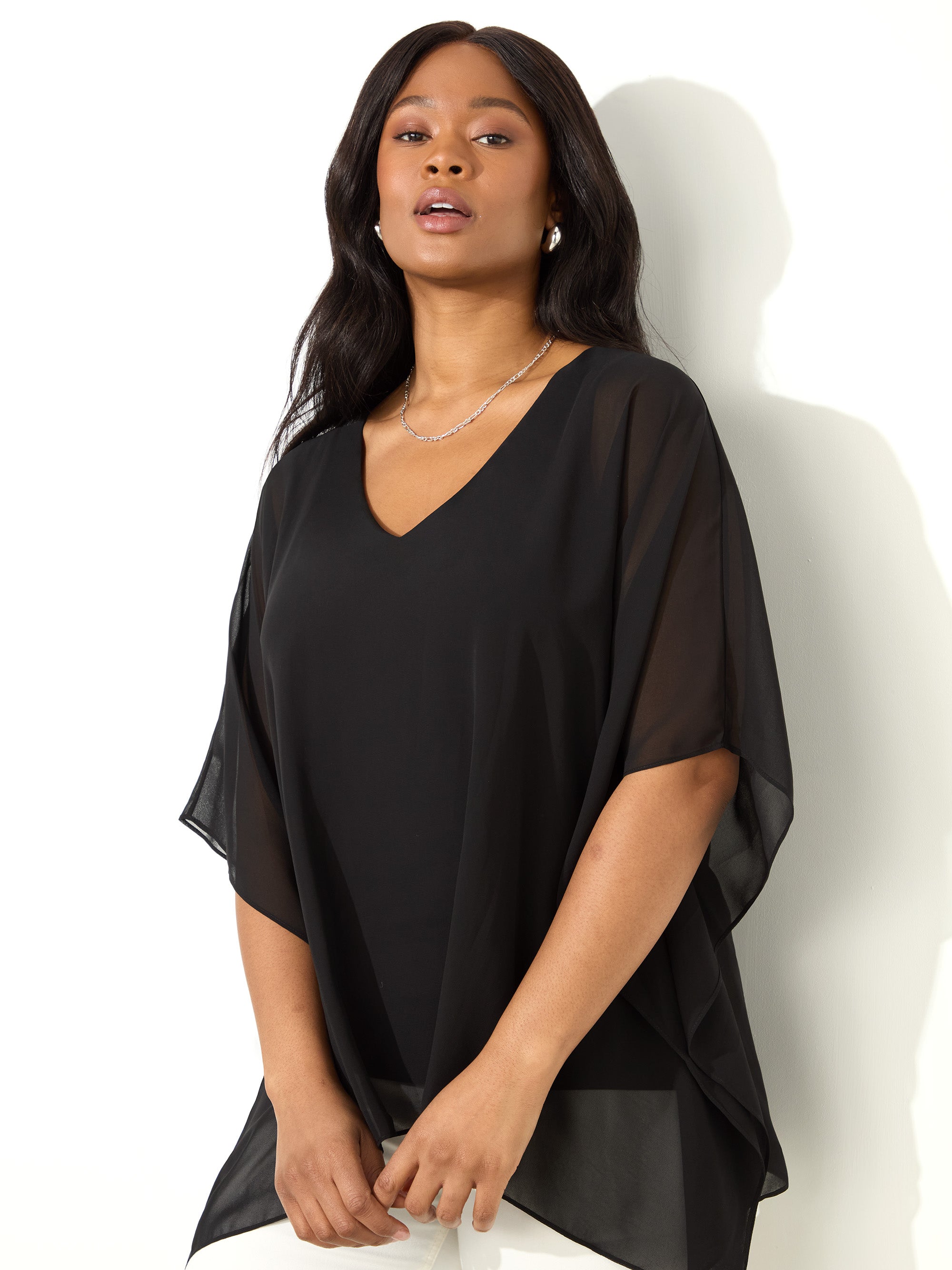 Black Chiffon Overlay Hanky Hem Top