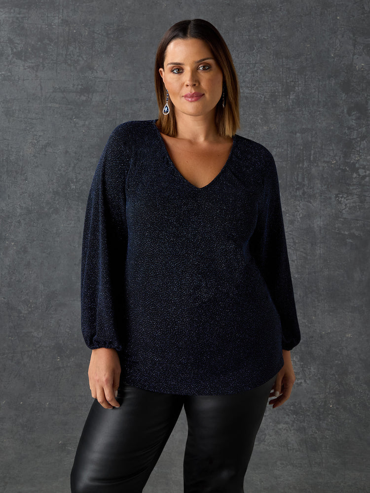 Navy Sparkle Jersey V-Neck Top