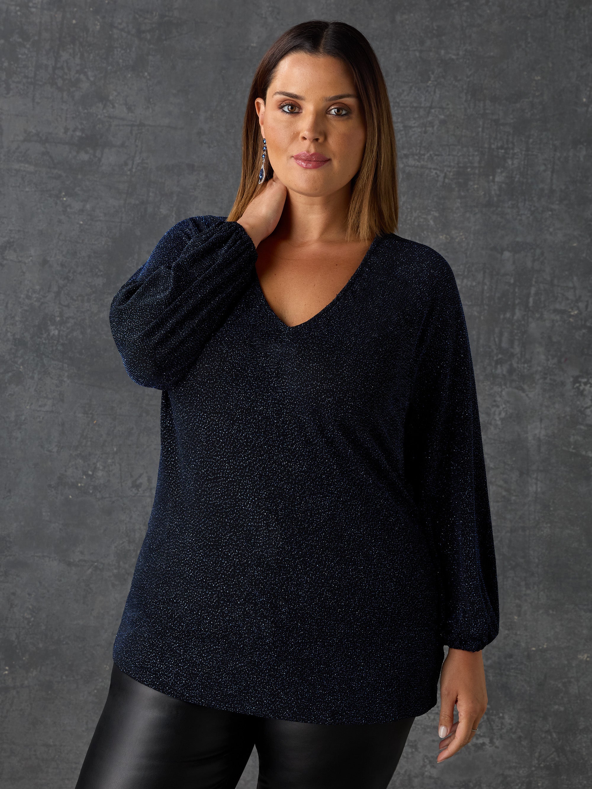 Navy Sparkle Jersey V-Neck Top