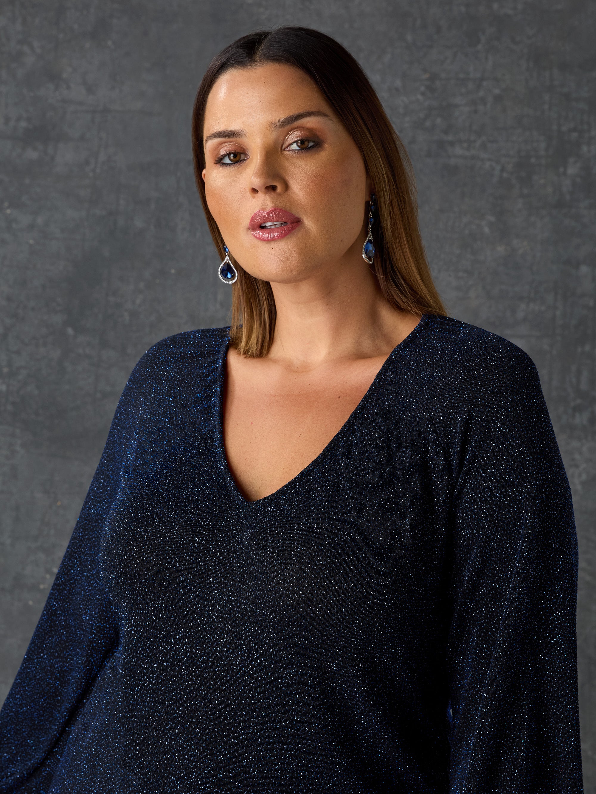 Navy Sparkle Jersey V-Neck Top