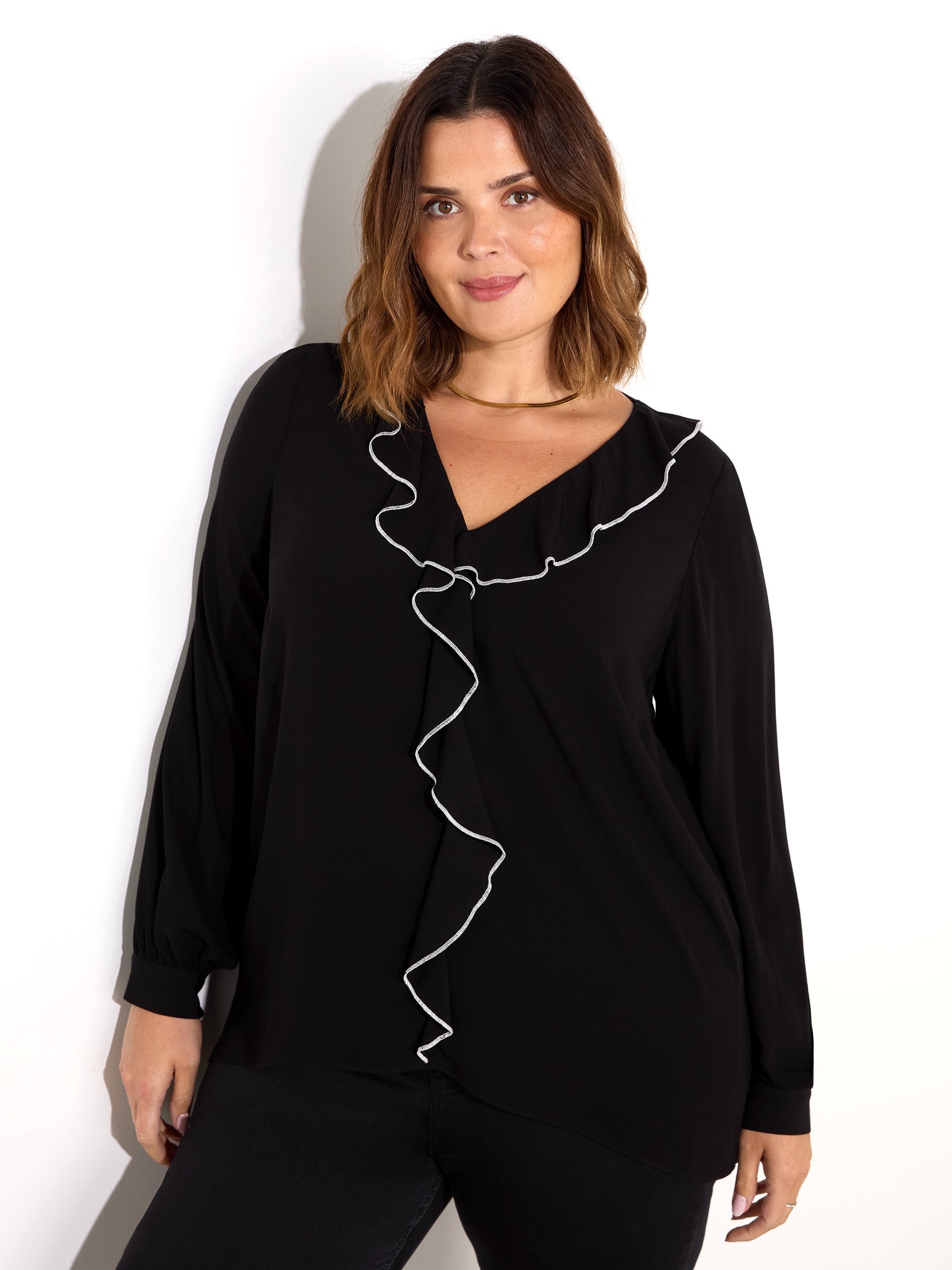 Black Ruffle Top With Contrast Stitching