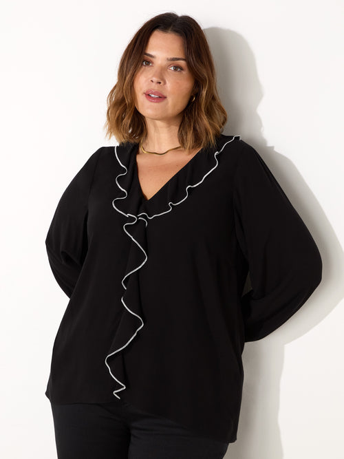 Black Ruffle Top With Contrast Stitching